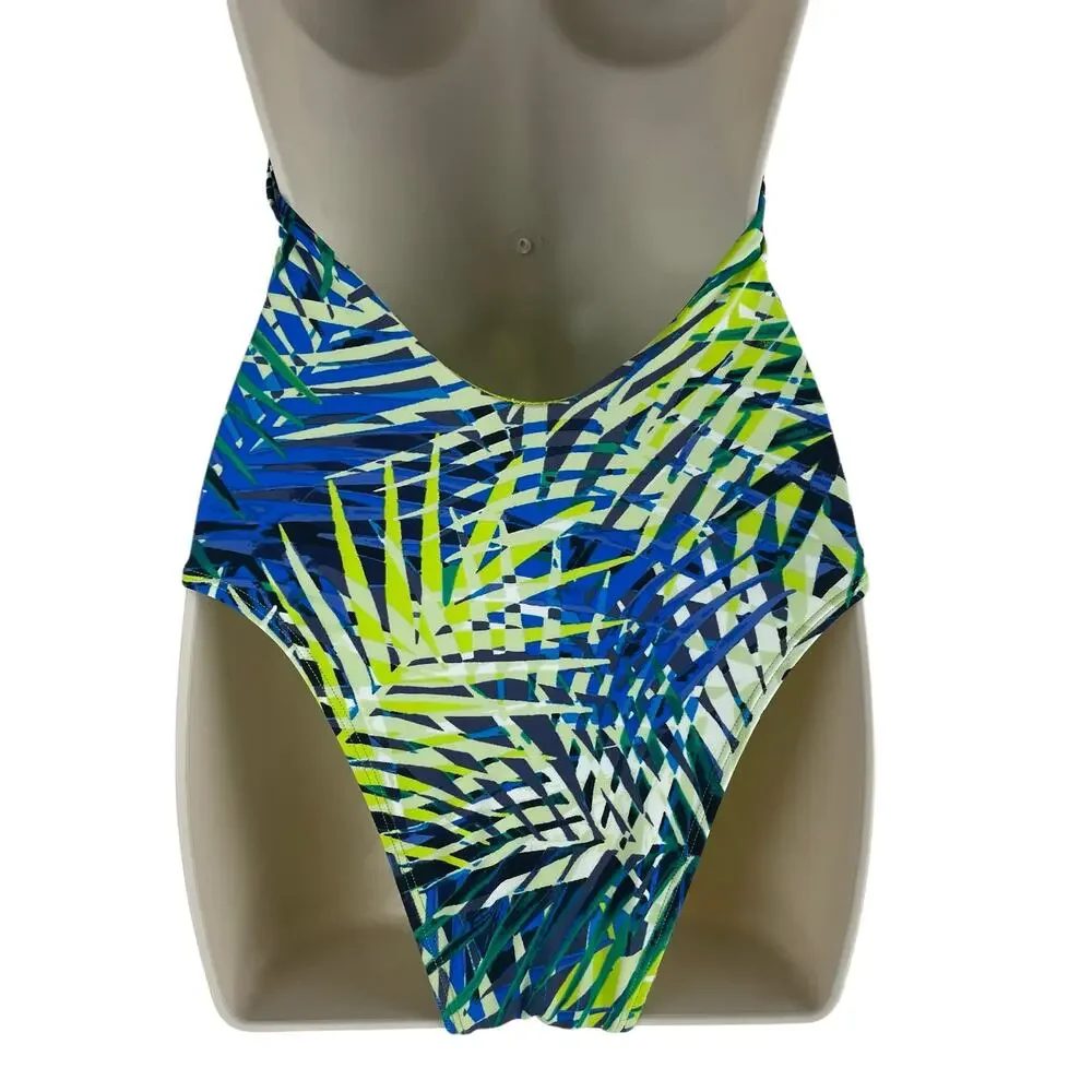 Aerie Tropical Leaf Print Plunge V Neck Lace Up One Piece Swimsuit Size S